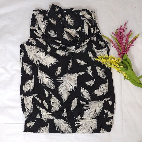 Lane Bryant Tops - $10SALE🏖️ Black White Feather Print Sleeveless Cowl Neck Satin Top 1XL